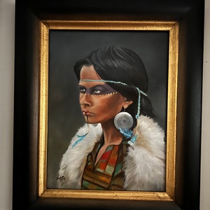 Indian Warrior Princess Female Native War Paint Original Art Portrait Oil Painting Framed 12x16 Inch