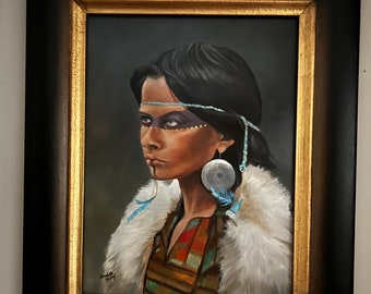 Indian Warrior Princess Female Native War Paint Original Art Portrait Oil Painting Framed 12x16 Inch