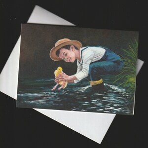 Cartão de notas de arte de menino pequeno com patinho e pássaro de 5,5 x 4 polegadas