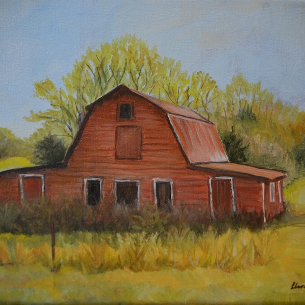 Farm Barn Forgotten Original Landscape Oil Painting on Canvas Framed 8x10 Inch