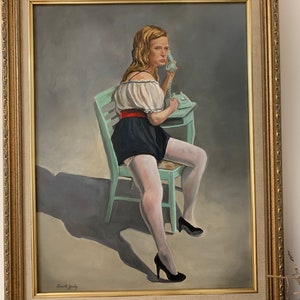 Female Figure Retro Lady Original Oil Painting Framed 18x24 inches