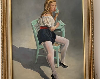 Vrouwelijke figuur Retro Lady origineel olieverfschilderij ingelijst 18x24 inch