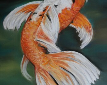 Japanse Koi Butterfly Pond Fish originele pastel schilderij gematteerd ondertekend NU INGELIJST