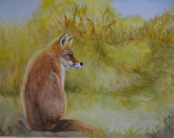 Red Fox zitten Wildlife originele kunst aquarel schilderij 9 x 12 gematteerd tot 12 x 16 ondertekend