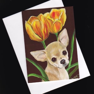 Chihuahua en Tulip Canine Dog Art Reproductie Notitiekaart 5,5x4 Inch