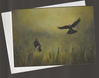 Red Wing Black Bird in Field Bird Art Greeting Card & Envelope 5x7 inch