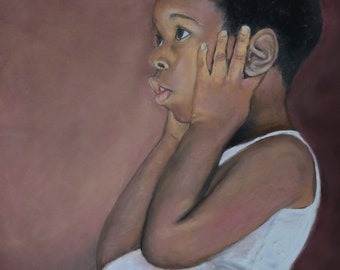 Girl Innocence Portrait Art Profile Original Pastel Drawing Painting Framed 16x20 Inch