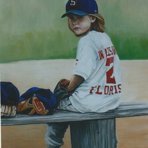 Girl Baseball Player on the Bench Female Figure Sport Art Reproduction Giclee Print Matted 8x10