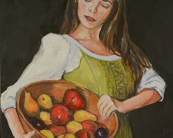 Fruit Lady Art Female Portrait Original Oil Painting Signed 9x12