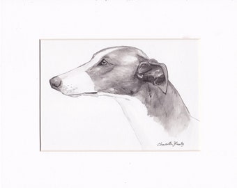 Greyhound Dog Art Ink Pet Portrait Painting Signed Matted Perfect Gift