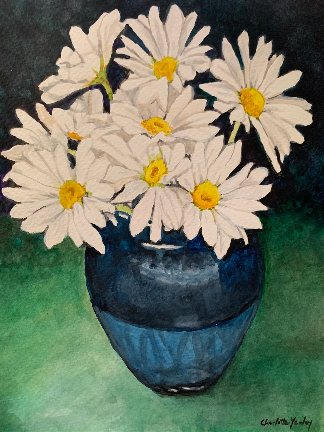 Daisies in a Blue Vase Floral Art Watercolor Painting Matted - Etsy