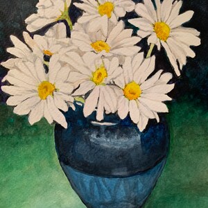 Daisies in a Blue Vase Floral Art Watercolor Painting Matted