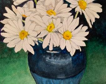 Margherite in un vaso blu pittura ad acquerello arte floreale opaca