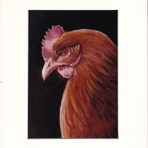 Chicken Red Hen Art Print Reproduction Matted 5x7
