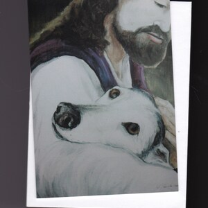 Greyhound & Jesus Canine Dog Art Reproduction Note Card 5-1/2x4 inch