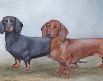 Teckels Canine Dog Art Pet Portrait Origineel handgeschilderd olieverfschilderij ingelijst ondertekend 12x6 inch