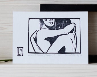 Absurd Frames / Frame 1 - Linocut hand printed postcard - Gift linoprint card - Linogravure art - A6