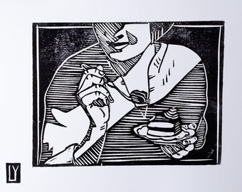 Bite - Xuang papier - Originele linoprint kunst - Handbedrukte linosnede - Handgemaakt papier - A4-A5