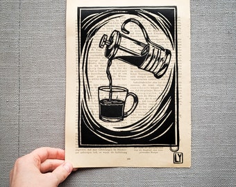 French please - Linocut handprinted vintage book page - Old Universum magazine - Book Art - Linoprint limited edition (A4)