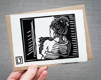 Cuddle child cat -holiday card -lino cut hand printed postcard (envelopes) -Linoschnitt -Lino print art cards -Linogravure A6