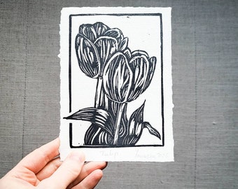 Tulip - Linocut handprinted postcard (envelope) - Lino art - Statement linoprint card - Gift card - Linogravure