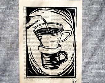 No filter - no coffee - Linocut handprinted vintage book page - Old Universum magazine - Book Art - Linoprint limited edition (A4)
