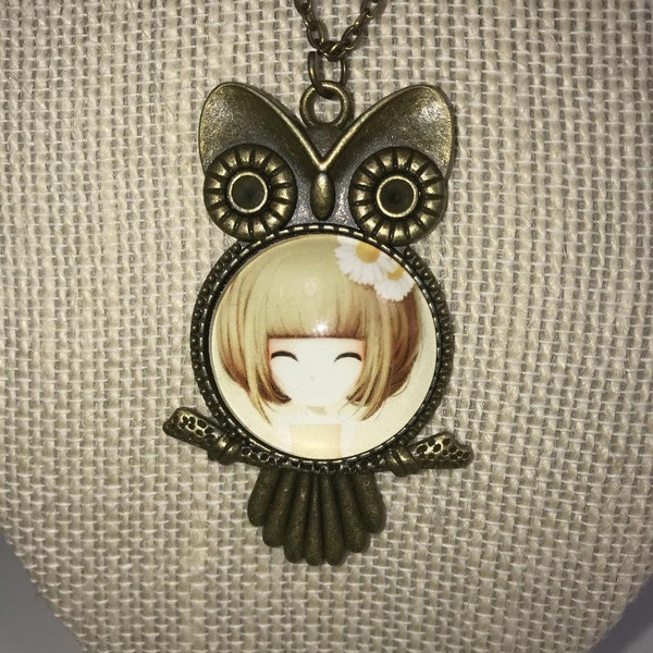 Brass Owl Cabochon with Doll Image Collectors Necklace