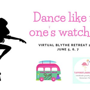 May include: A graphic with the text "Dance like no one's watching" and a silhouette of a dancer. Includes text for a virtual retreat in June, a pink bus illustration, and a flamingo logo.