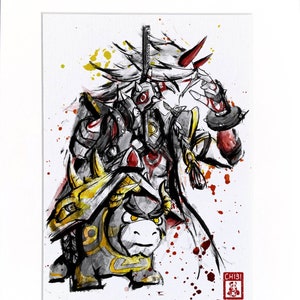 Peut inclure: Une illustration à l'encre noire et blanche d'un personnage avec un masque rouge et des cheveux blancs, chevauchant une créature noire et dorée. L'arrière-plan est éclaboussé de peinture rouge et jaune. L'image est signée "CHIBI" en bas à droite.