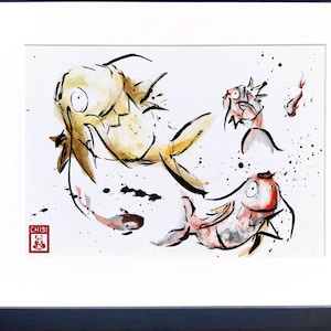 May include: A framed watercolour painting of three goldfish swimming in a white background with black ink splatters. The goldfish are painted in shades of yellow, orange, and red. The painting is signed "CHIBI" in the bottom left corner.