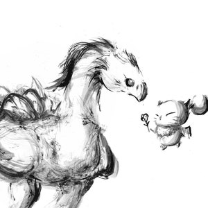 Könnte beinhalten: Schwarz-weiß-Tintenillustration eines großen Vogels mit langem Hals und einer kleinen, runden Kreatur mit einer Blume in der Hand. Der Vogel schaut die Kreatur an. Die Illustration ist unten rechts mit "CHIBI" signiert.