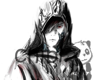 Pode incluir: Uma pintura digital em preto e branco de uma pessoa usando uma capa com capuz e uma máscara. A pessoa tem olhos vermelhos e está olhando diretamente para o espectador. Um urso panda é visível no ombro da pessoa.