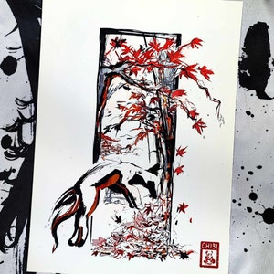 Impresión artística: pintura de zorro con hojas de arce otoñal entintadas