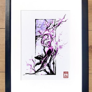 Impresión artística: pintura de zorro sakura primaveral entintada