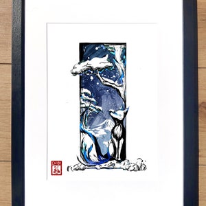 Impresión artística: pintura entintada de un zorro nevado en invierno