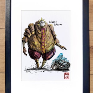May include: Framed art print. The illustration depicts a large, robed figure with a sun-like mask, in shades of brown, gold, and purple. The text "Wheeee Whoooo" is included, along with a small logo in the corner.