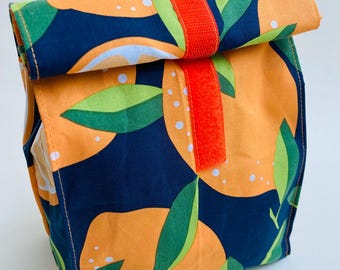 Borsa porta pranzo con motivo arancione – cucita a mano, chiusura in velcro, cotone rivestito, riutilizzabile, 29,5 x 16,5 x 11 cm