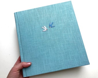 Photo album swallows birds bird linen photobook handmade light blue