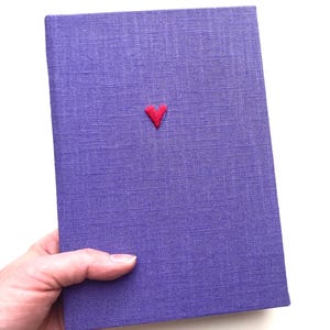handmade notebook diary journal sketchbook recipe book recipes cookbook purple linen heart embroidered