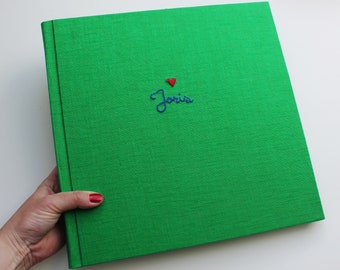 Linen photo album green with heart and name hand-embroidered album fabric album unique 31x30 linen album Linen Photobook Joris