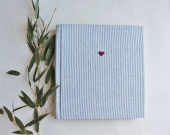 Photo album linen blue/white striped heart red 25 x24 cm Photobook Handmade handstitching Album embroidered