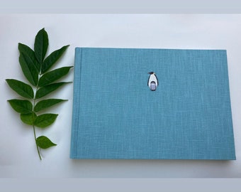 Photo Album Penguin Linen Photobook Handmade Ice Blue Embroidered Embroidery