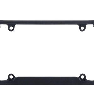 May include: Black license plate frame with palm tree accents. The frame is rectangular with rounded corners and features palm tree silhouettes at each corner. Includes mounting holes for easy installation.