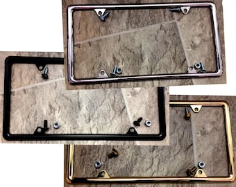 PLAIN License Plate Frame - Silver Chrome - Gold Brass - or Black Metal