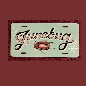 May include: A rectangular light green license plate featuring the word Junebug in a dark brown cursive script with a light pink shadow. A brown beetle illustration is centered below the text, flanked by two white four-pointed star accents.
