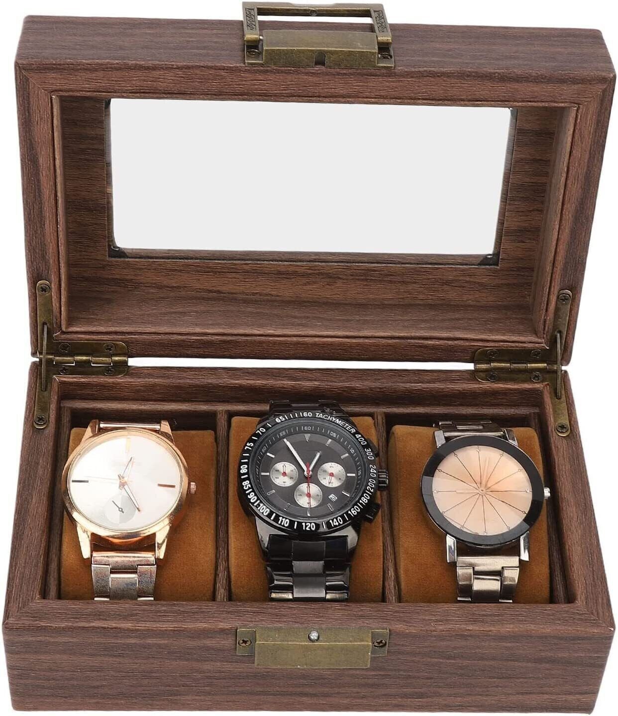 Notakia Watch Jewelry Box for Men 3 Slot Watch Box,Large Watch Display Case Organizer with Real Glass Window Top (3 Slots)