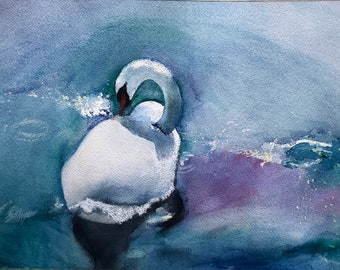 Original watercolor painting of a Swan on a Lake