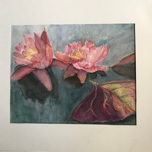 original watercolor of pink water lilies by Sonigblue