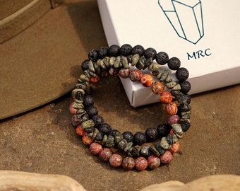 Mens Bracelet Set, Lava Stone Bracelet Set, Raw Jasper Bracelet, Gift for Men, Good Luck Bracelet, Homemade Bracelets, Mens Gift, Boho Style