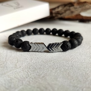 Arrow Diffuser Bracelet, Blue Hematite Arrows, Lava Stone Bracelet, Stretchy Bracelet 8mm, Mens Bracelet, Lava Bead Bracelet, Boho Bracelet